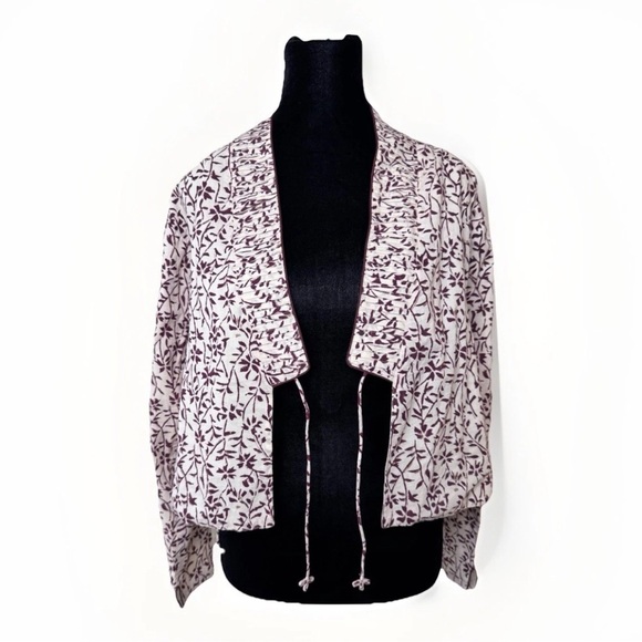 Anokhi Wrap Top Jacket Sz XS Lightweight Cotton Boho Natural Ivory Brown Floral - Picture 2 of 10